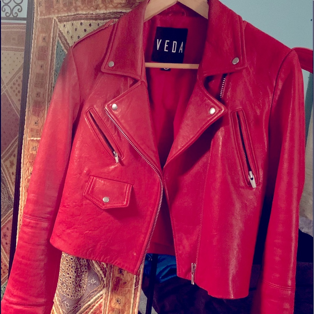 Veda medium red leather moto jacket.